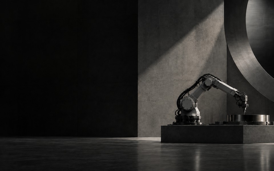 An industrial robot arm machining a steel part on a concrete plinth, in front of a machined steel ring set into a concrete wall.