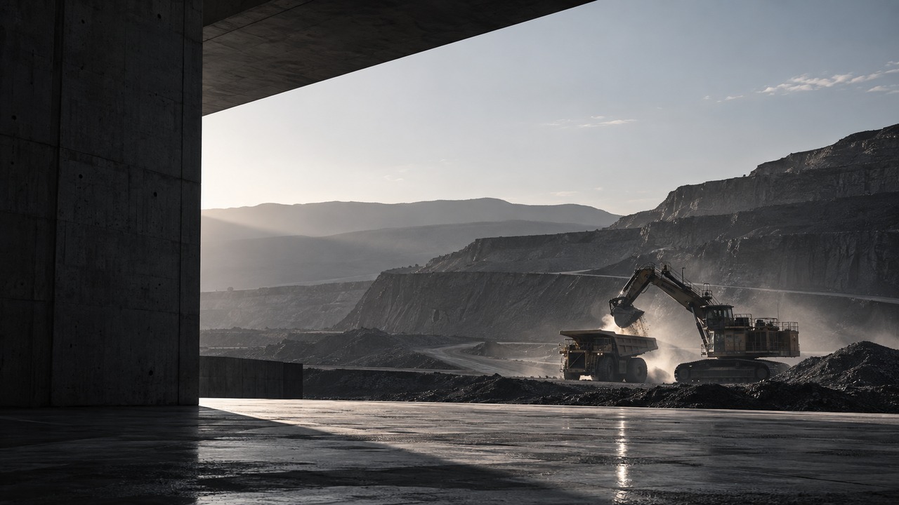 An excavator loading a haul truck in an open-pit quarry, seen from beneath a concrete overhang.