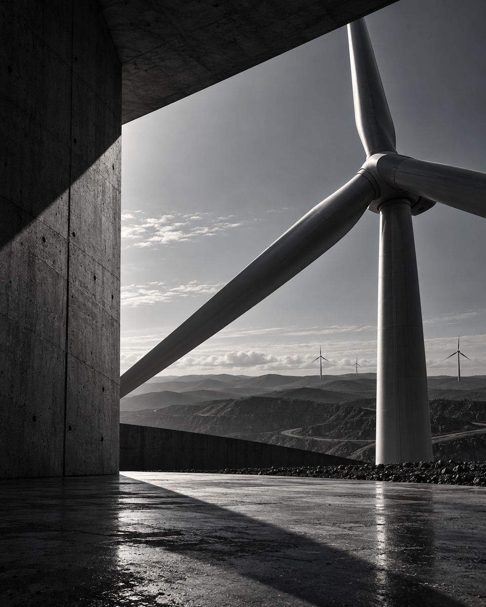 A wind turbine framed by a concrete structure, with distant turbines on the hills beyond and a wet concrete floor in the foreground.