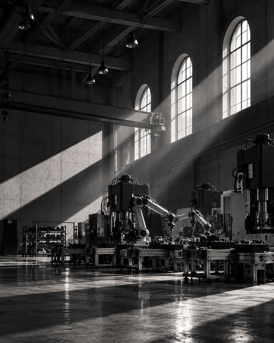 Robot arms working at a production line of machines and fixtures in a tall hall, with sunlight falling through arched windows across a concrete wall and floor.