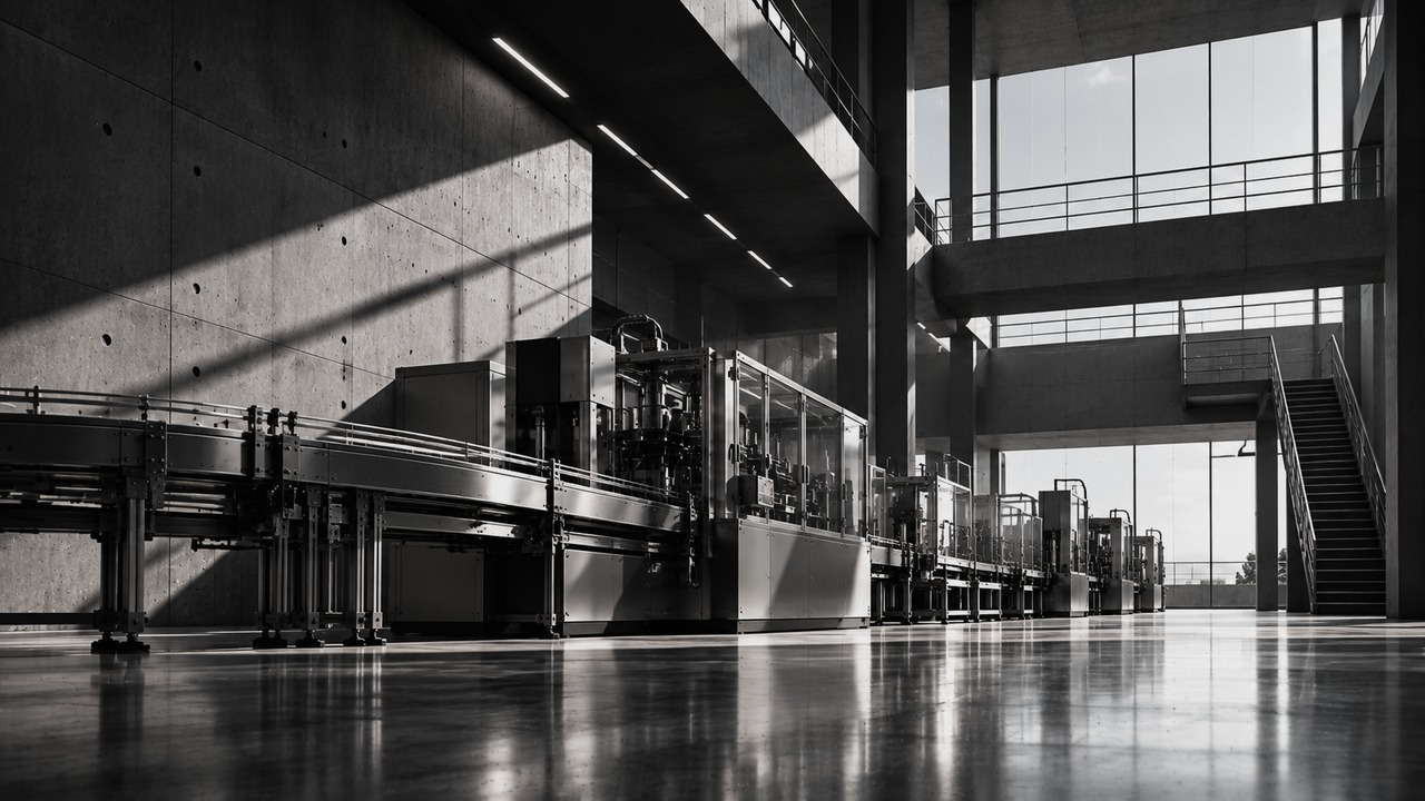 A conveyor and a line of enclosed production machines in a tall concrete hall, with light falling across the wall and a polished floor.