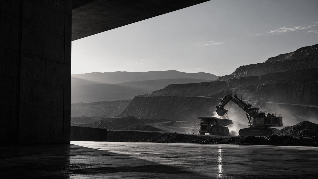 An excavator loading a haul truck in an open-pit quarry, seen from beneath a concrete overhang.