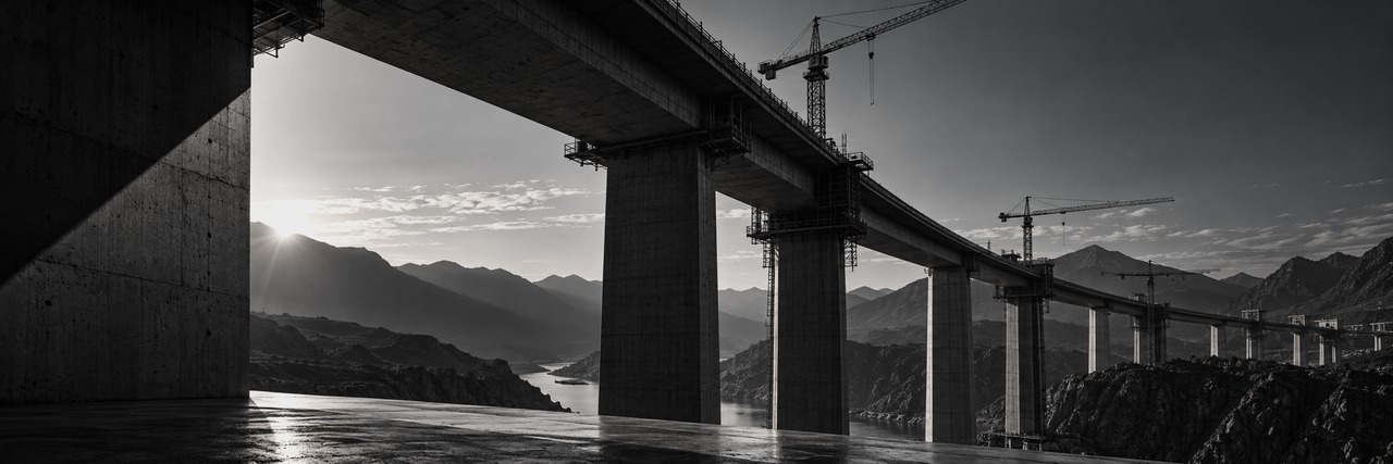 A long concrete viaduct under construction, with piers, scaffolding and tower cranes, crossing a mountain valley above a river, seen from beneath a concrete structure.