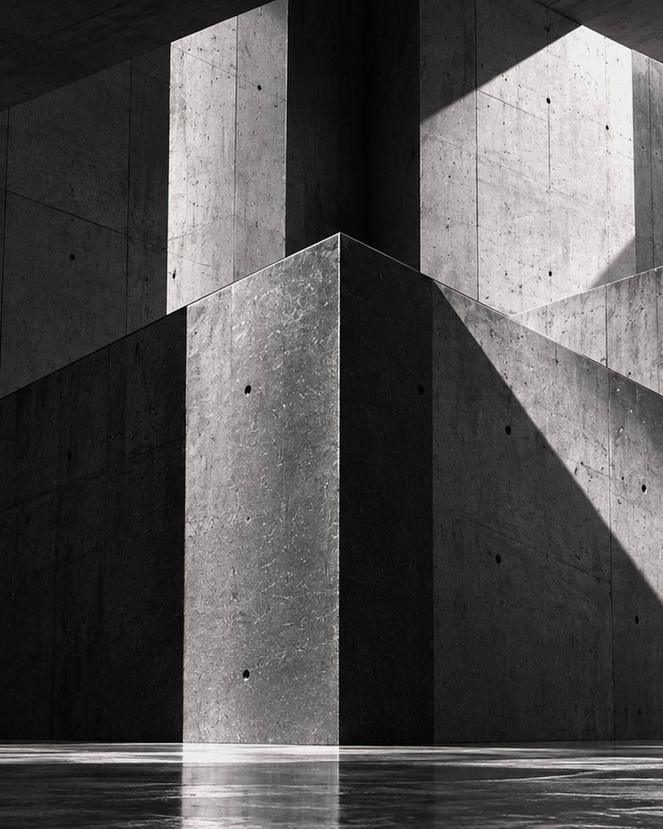 Intersecting concrete volumes under a strip of sky.